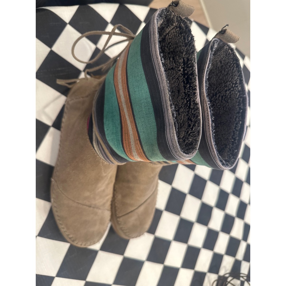 TOMS Nepal Mid Boots Tan Suede Striped Woven Faux Fur Lined Womens 8.5